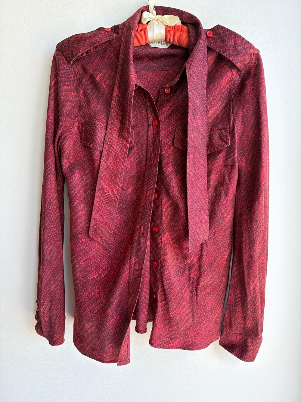 MaxMara Red Patterned Button-Front Tie-Neck Shirt Silk